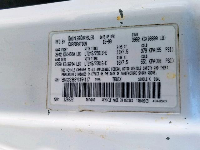 3B7KC2366YG154117 - 2000 DODGE RAM 2500 WHITE photo 10