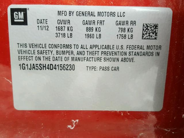 1G1JA5SH4D4156230 - 2013 CHEVROLET SONIC LS 红色 照片 10