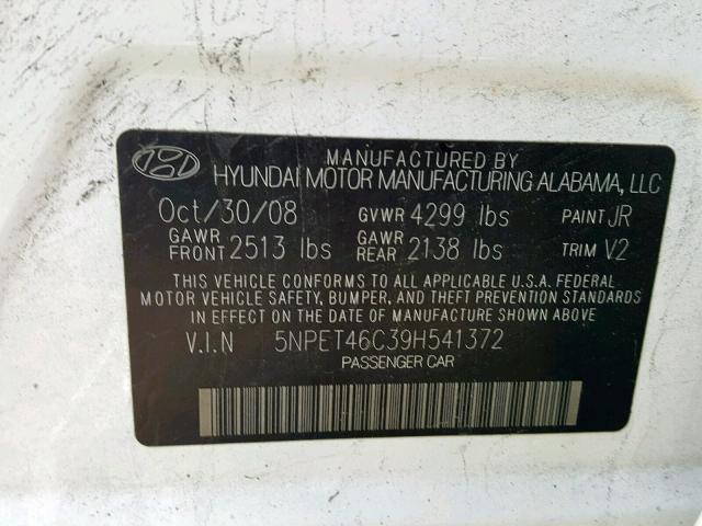 5NPET46C39H541372 - 2009 HYUNDAI SONATA GLS WHITE photo 10