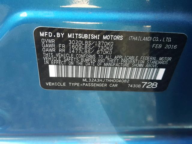 ML32A3HJ7HH004082 - 2017 MITSUBISHI MIRAGE ES BLUE photo 10