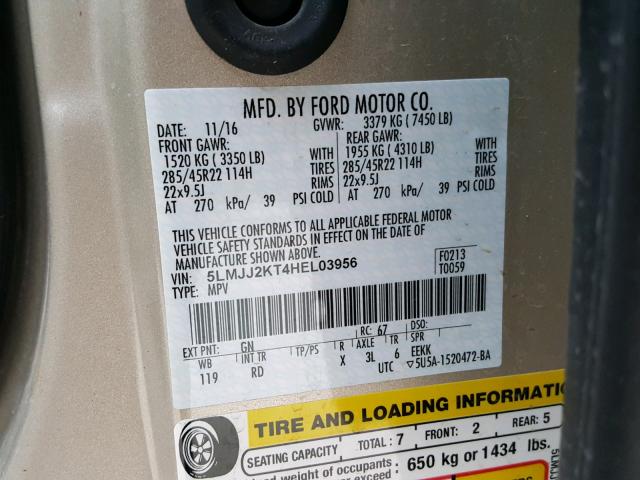 5LMJJ2KT4HEL03956 - 2017 LINCOLN NAVIGATOR Бежевый фото 10