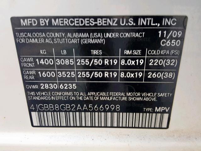 4JGBB8GB2AA566998 - 2010 MERCEDES-BENZ ML 350 4MA WHITE photo 10