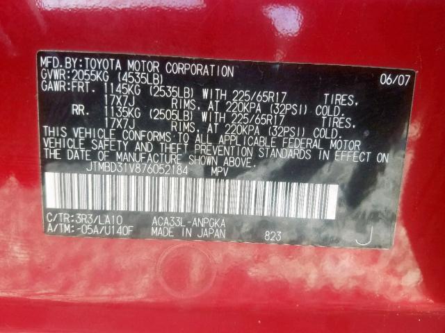 JTMBD31V876052184 - 2007 TOYOTA RAV4 LIMIT RED photo 10