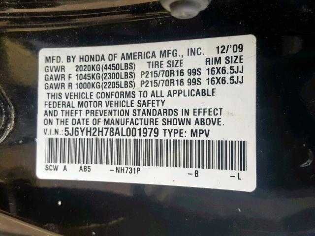 5J6YH2H78AL001979 - 2010 HONDA ELEMENT EX BLACK photo 10