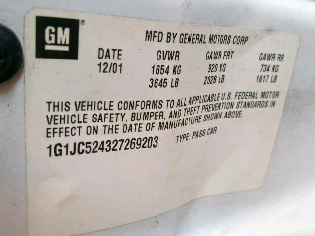 1G1JC524327269203 - 2002 CHEVROLET CAVALIER B WHITE photo 10