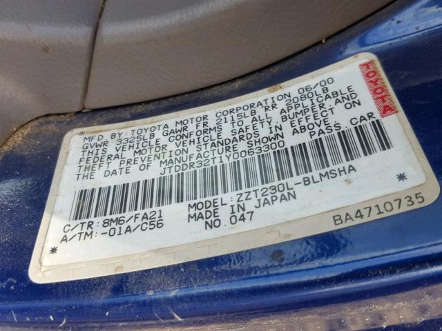 JTDDR32T1Y0063300 - 2000 TOYOTA CELICA GT BLUE photo 10