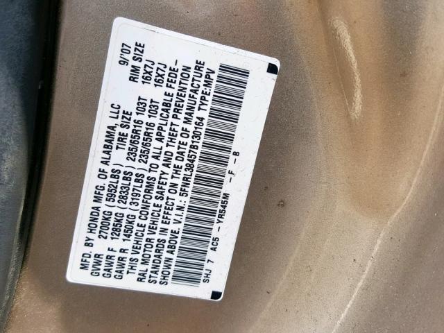 5FNRL38457B130164 - 2007 HONDA ODYSSEY EX GOLD photo 10