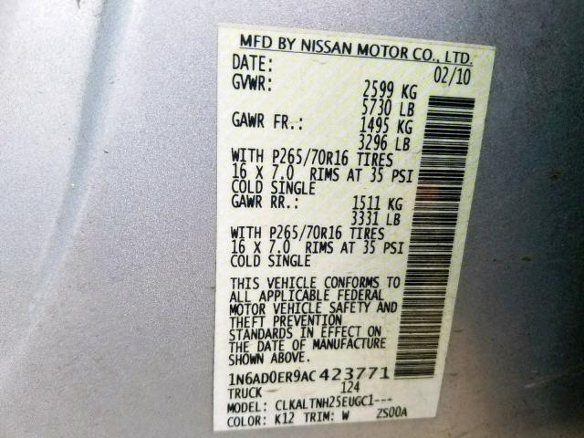 1N6AD0ER9AC423771 - 2010 NISSAN FRONTIER C GRAY photo 10