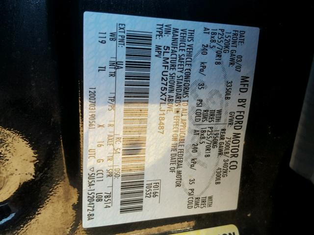 5LMFU275X7LJ18487 - 2007 LINCOLN NAVIGATOR Қара фото 10