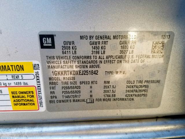 1GKKRTKDXEJ251842 - 2014 GMC ACADIA DEN SILVER photo 10