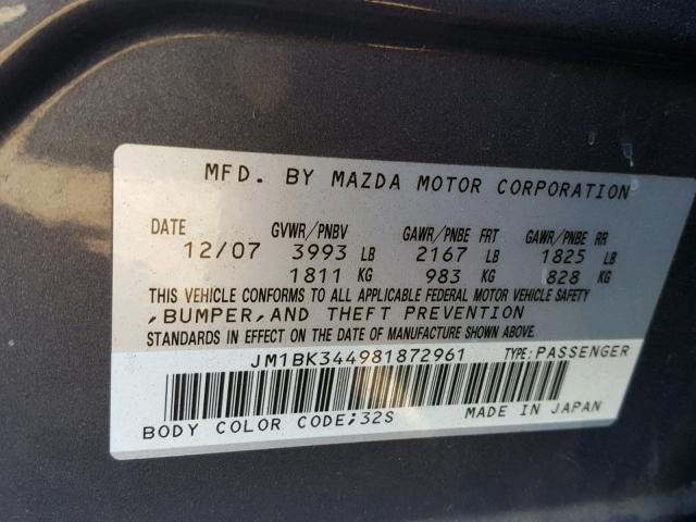 JM1BK344981872961 - 2008 MAZDA 3 HATCHBAC CHARCOAL photo 10