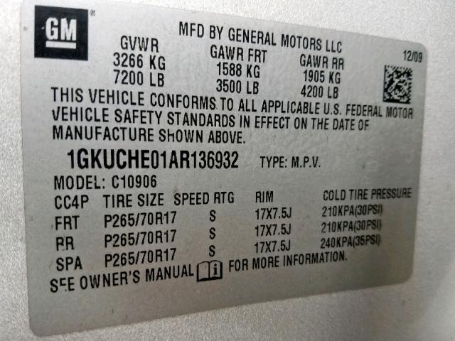 1GKUCHE01AR136932 - 2010 GMC YUKON XL C SILVER photo 10