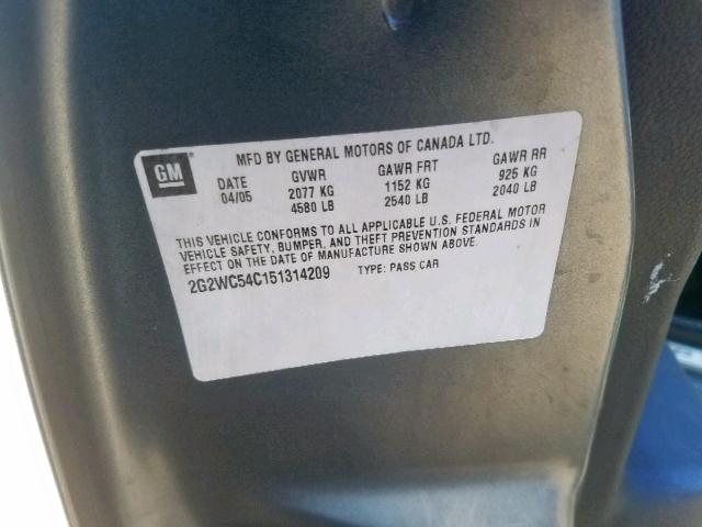 2G2WC54C151314209 - 2005 PONTIAC GRAND PRIX GRAY photo 10