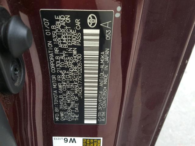 JTKDE177X70205730 - 2007 TOYOTA SCION TC მუქწითელი ფოტო 10