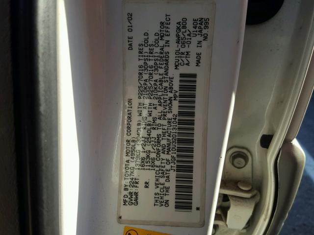 JTJGF10U320131042 - 2002 LEXUS RX 300 WHITE photo 10