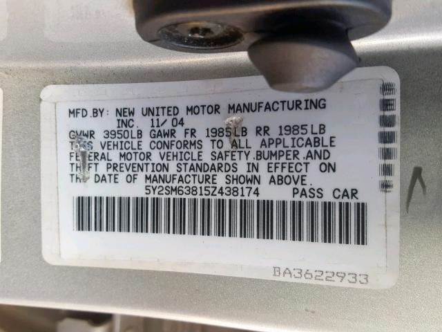 5Y2SM63815Z438174 - 2005 PONTIAC VIBE SILVER photo 10