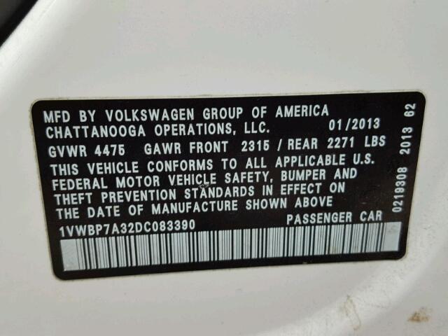 1VWBP7A32DC083390 - 2013 VOLKSWAGEN PASSAT SE WHITE photo 10