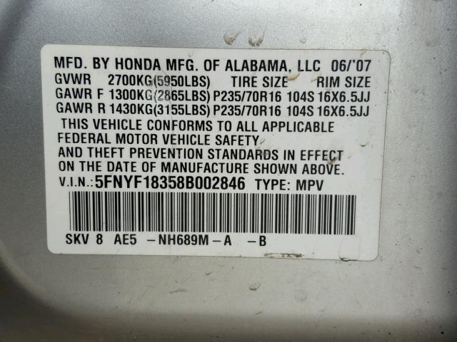 5FNYF18358B002846 - 2008 HONDA PILOT SE SILVER photo 10