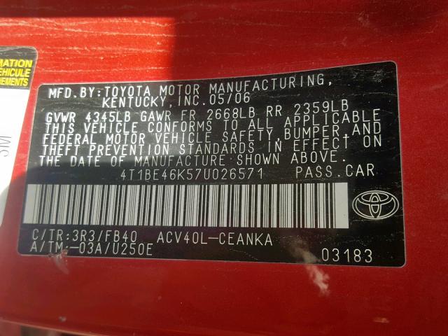 4T1BE46K57U026571 - 2007 TOYOTA CAMRY NEW RED photo 10