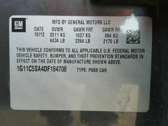 1G11C5SA4DF184708 - 2013 CHEVROLET MALIBU 1LT 灰色 照片 10