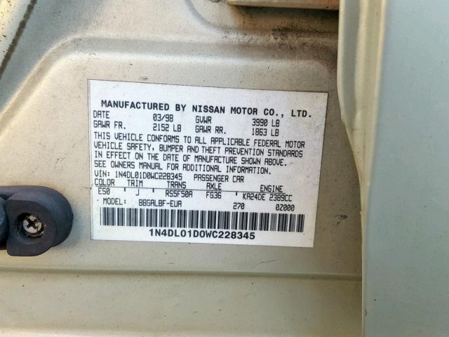 1N4DL01D0WC228345 - 1998 NISSAN ALTIMA XE GOLD photo 10