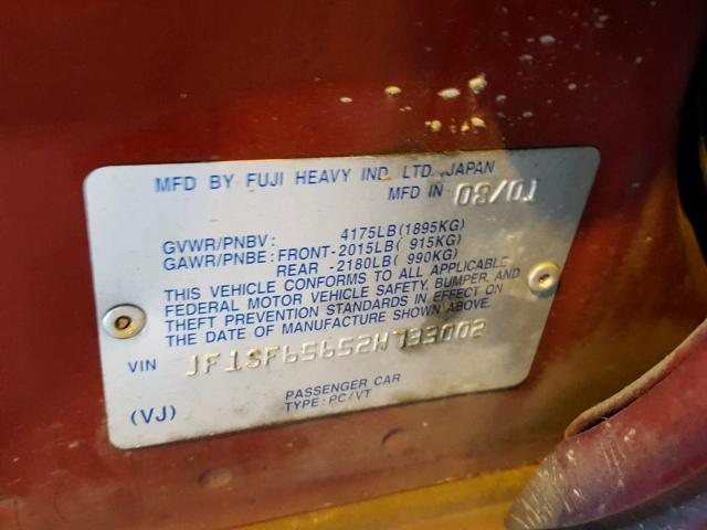 JF1SF65652H733002 - 2002 SUBARU FORESTER S RED photo 10