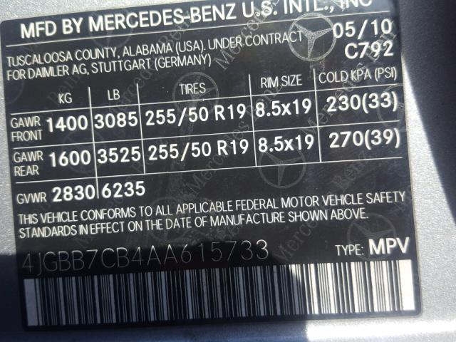 4JGBB7CB4AA615733 - 2010 MERCEDES-BENZ ML 550 4MA GRAY photo 10