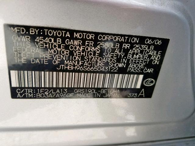 JTHBH96S665043122 - 2006 LEXUS GS 300 SILVER photo 10