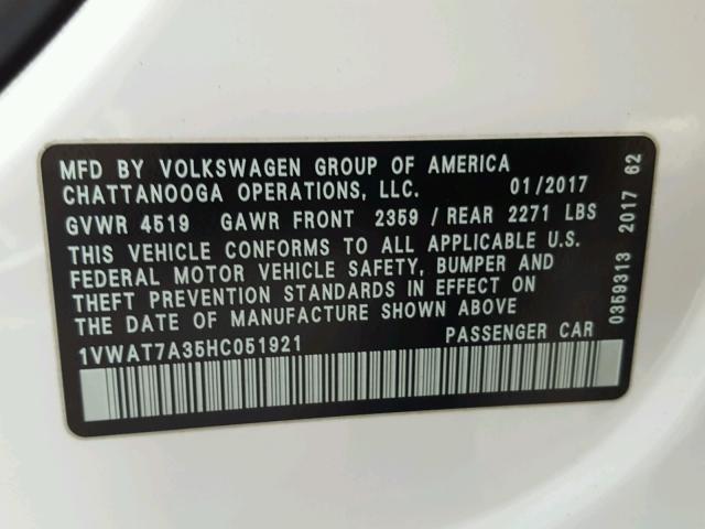 1VWAT7A35HC051921 - 2017 VOLKSWAGEN PASSAT S WHITE photo 10