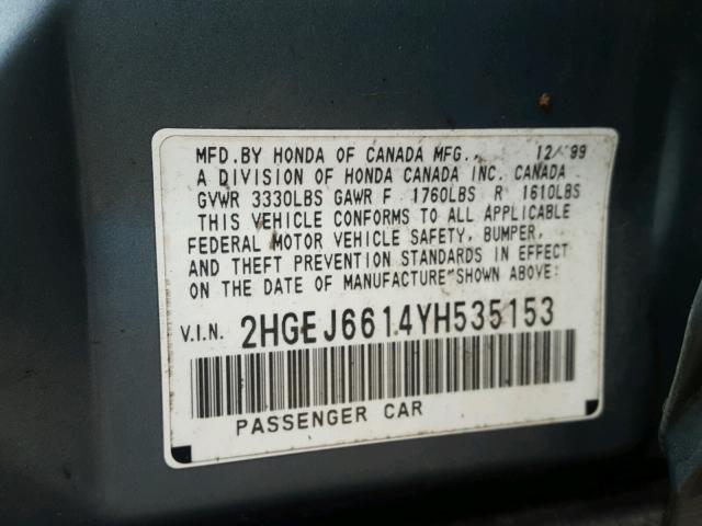 2HGEJ6614YH535153 - 2000 HONDA CIVIC BASE Mavi foto 10