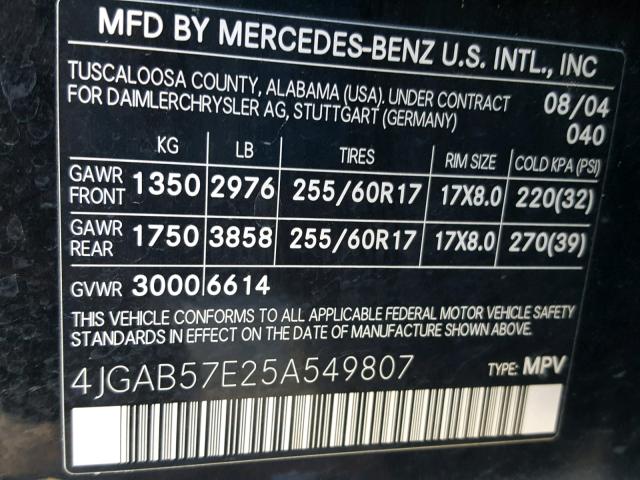 4JGAB57E25A549807 - 2005 MERCEDES-BENZ ML 350 BLACK photo 10