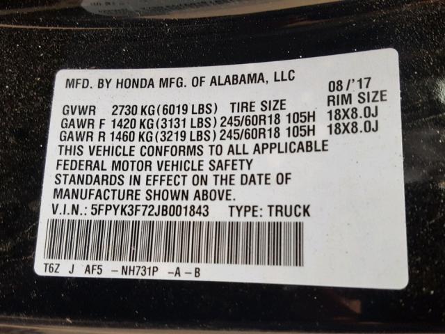 5FPYK3F72JB001843 - 2018 HONDA RIDGELINE BLACK photo 10