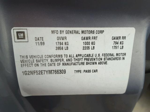 1G2NF52E7YM766309 - 2000 PONTIAC GRAND AM S SILVER photo 10