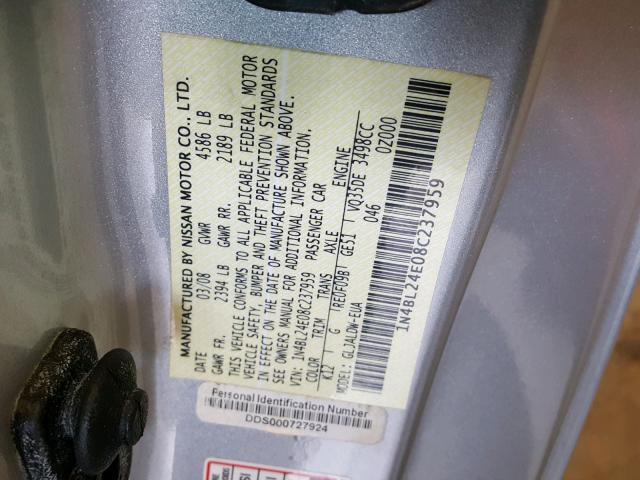 1N4BL24E08C237959 - 2008 NISSAN ALTIMA 3.5 SILVER photo 10