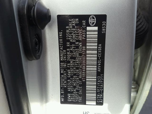 4T1BB46K09U071798 - 2009 TOYOTA CAMRY HYBR SILVER photo 10