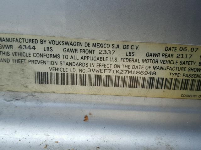 3VWEF71K27M186948 - 2007 VOLKSWAGEN JETTA WOLF SILVER photo 10