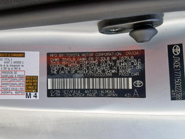 JTKDE177150022388 - 2005 TOYOTA SCION TC ვერცხლისფერი ფოტო 10