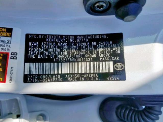4T1B21FB6KU011531 - 2019 TOYOTA AVALON XLE WHITE photo 10