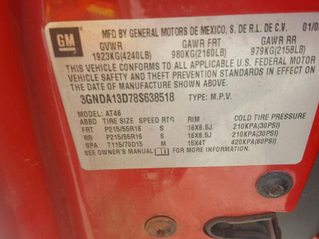 3GNDA13D78S638518 - 2008 CHEVROLET HHR LS Rojo foto 10