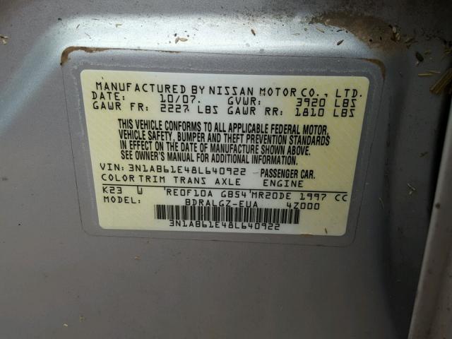 3N1AB61E48L640922 - 2008 NISSAN SENTRA 2.0 SILVER photo 10