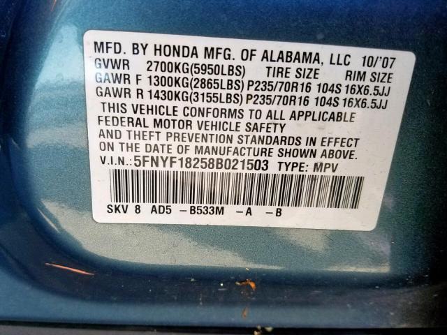 5FNYF18258B021503 - 2008 HONDA PILOT VP TURQUOISE photo 10