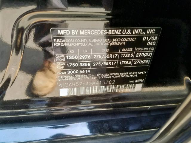 4JGAB57E43A415782 - 2003 MERCEDES-BENZ ML 350 BLACK photo 10