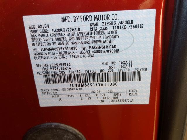 1LNHM86S15Y611030 - 2005 LINCOLN LS BURGUNDY photo 10