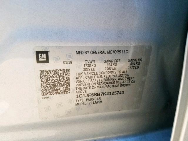 1G1JF5SB7K4125743 - 2019 CHEVROLET SONIC PREM SILVER photo 10