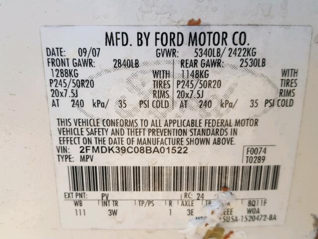 2FMDK39C08BA01522 - 2008 FORD EDGE LIMIT WHITE photo 10