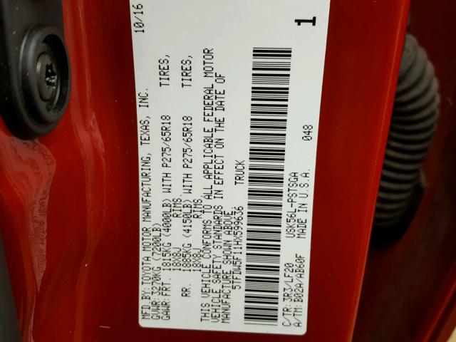 5TFDW5F11HX599636 - 2017 TOYOTA TUNDRA CRE RED photo 10