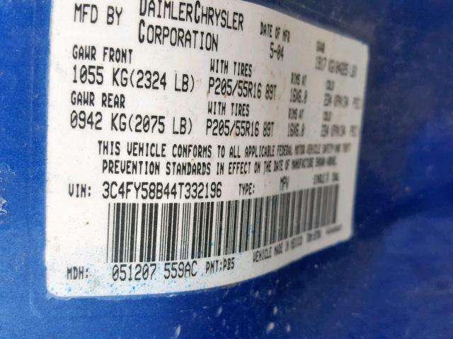 3C4FY58B44T332196 - 2004 CHRYSLER PT CRUISER BLUE photo 10