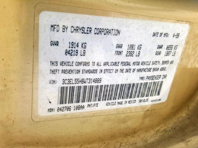 3C3EL55H8WT314889 - 1998 CHRYSLER SEBRING JX GOLD photo 10