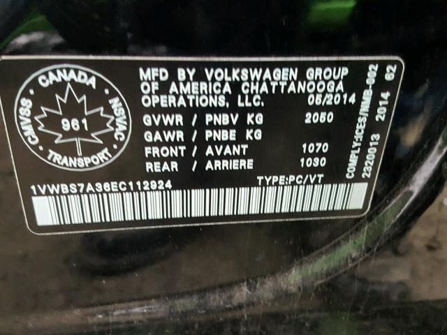 1VWBS7A36EC112924 - 2014 VOLKSWAGEN PASSAT SE BLACK photo 10