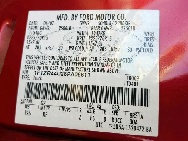 1FTZR44U28PA05611 - 2008 FORD RANGER SUP RED photo 10